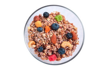 Bowl of granola breakfast isolated on white background