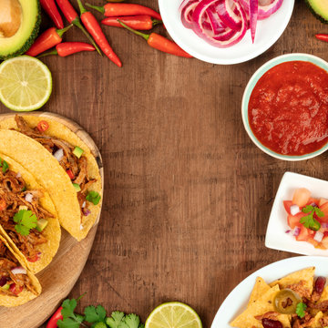 Overhead photo of assortment of Mexican food and ingredients