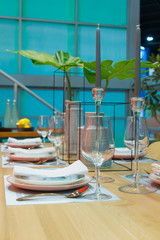 Luxury dining table settings for dining and glassware, candle, modern ceramic vase with tree plant interior decoration