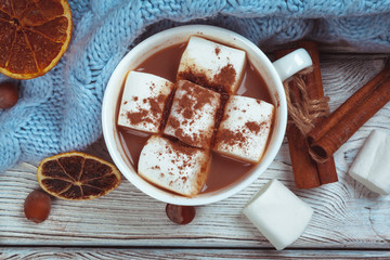 Hot chocolate with marshmallows on the table