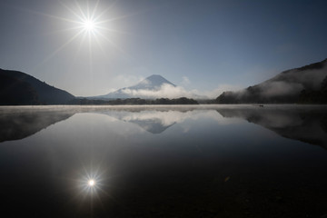 朝日に照らされた富士山