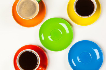 Coffee time. Bright colored composition of coffee cups