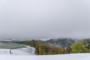 Leicht verschneite Landschaft im Hochnebel– der erste Schnee