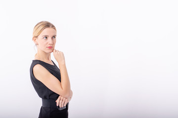 young woman standing on white background