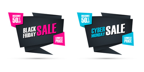 Black Friday Sale and Cyber Monday Sale special offer commercial signs for business, promotion and advertising. Discount up to 50% off. Vector illustration.