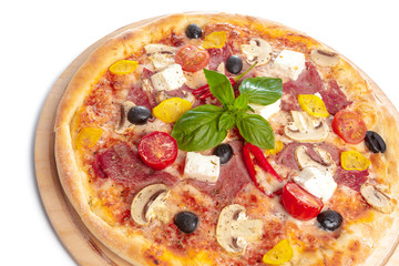 Delicious pizza served on wooden plate isolated on white