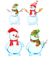 Set of four snowmen in various headdresses and in different scarves