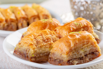 Handmade baklava, traditional turkish pastry close up