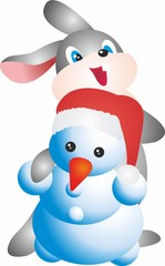 Snowman and rabbit on white background. Christmas holiday. Winter holiday cartoon cute card, Merry christmas card.
