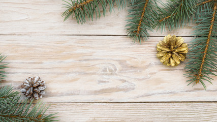 Christmas gifts, fir tree branches on white wooden background. Flat lay, frame. Christmas composition.