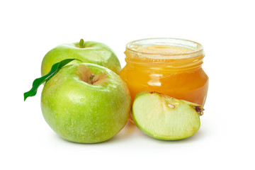 Apples and honey jar for jewish new year holiday isolated on white background