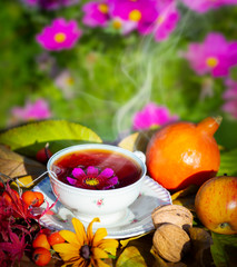 autumn still life with a cup of tea in the garden