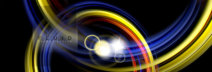 Background abstract design, flowing mixing liquid color waves on black