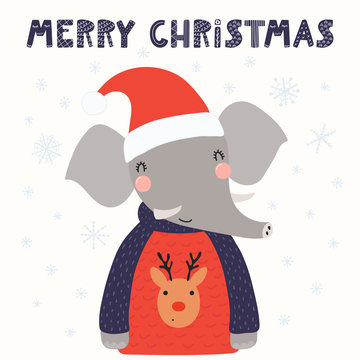 Hand drawn vector illustration of a cute funny elephant in a Santa hat, sweater, with text Merry Christmas. Isolated objects on white background. Scandinavian style flat design. Concept card, invite.