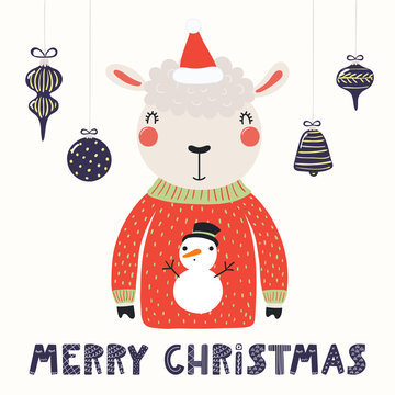 Hand drawn vector illustration of a cute funny sheep in a Santa hat, sweater, with text Merry Christmas. Isolated objects on white background. Scandinavian style flat design. Concept for card, invite.