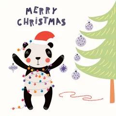 Sierkussen Hand drawn vector illustration of a cute panda in a Santa hat, with lights, ornaments, tree, text Merry Christmas. Isolated objects on white. Scandinavian style flat design. Concept for card, invite. © Maria Skrigan