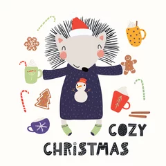Fotobehang Hand drawn vector illustration of a cute funny hedgehog in a Santa hat, sweater, with cocoa, sweets, text Cozy Christmas. Isolated objects on white. Scandinavian style flat design. Concept for card. © Maria Skrigan