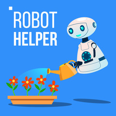 Robot Helper Watering Flowers In The Garden Vector. Isolated Illustration