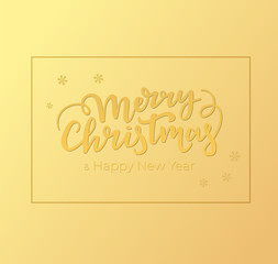 Winter holidays greeting card design with Christmas and New Year lettering, frame and background of golden foil.