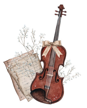 Watercolor violin illustration. Strings musical instruments in classic style