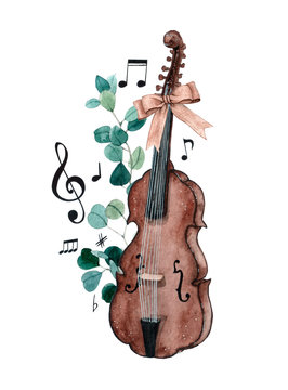 Watercolor Violin Illustration. Strings Musical Instruments In Classic Style