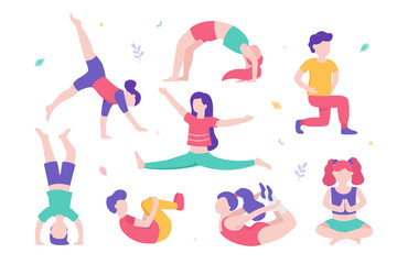 Children doing physical exercises set of various poses and cute cartoon characters of kids isolated on white background. Vector illustration in flat design, infographic elements.