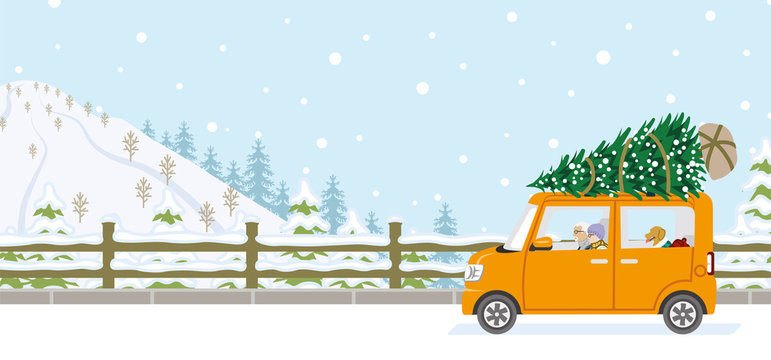 Senior couple riding the car which loaded the Christmas tree - Winter nature road background