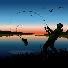 Fisherman. Fisherman catches fish on a fishing rod