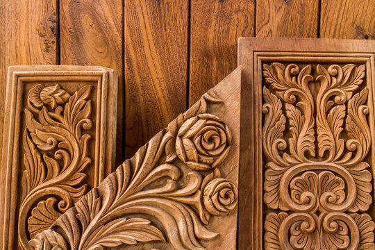 Teak wood carving NO.004: Intricate and decorative wooden handicrafts from Thailand. 