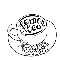 Cup with lemon tea, lemon flower and lemon rings on a saucer. Hand-drawn on a white background isolated. With lettering.