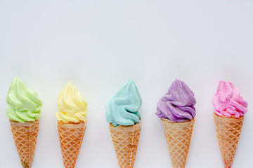 Various of ice cream cone on white background for sweet and refreshing dessert concept