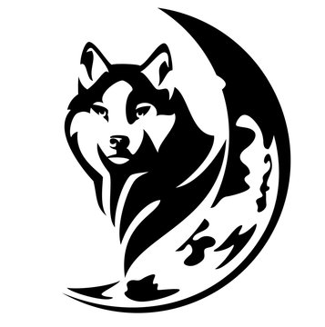 wild wolf head and crescent moon black and white vector design