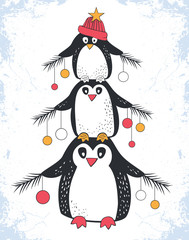 Christmas greeting card three funny penguins with fir branches and Christmas balls