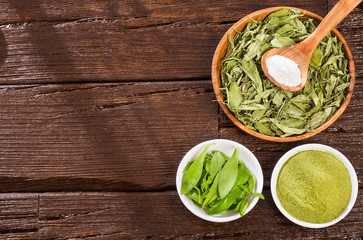 Natural sweetener in powder from stevia plant - Stevia rebaudiana.