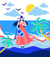 Girl holding backpack on the beach.