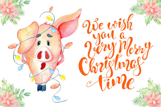 Merry Christmas watercolor card with cute funny pig and lettering quote