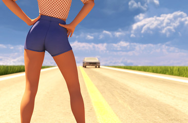 3d illustration of sexy hitchhiker woman on highway