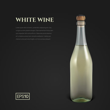 Photorealistic bottle of white sparkling wine on a black background. Mockup transparent bottle of wine. Template for presentation in a minimalist style.