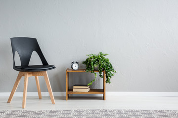Stylish black chair next to shelf with two books, clock and green plant in pot, real photo with...