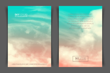 Two-sided vertical flyer of a4 format with realistic pink-blue sky and clouds. The image can be used to design a banner, poster and postcard.
