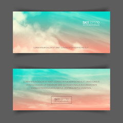 Narrow horizontal vector banners with realistic pink-blue sky and cumulus clouds. The image can be used to design a flyer and postcard.