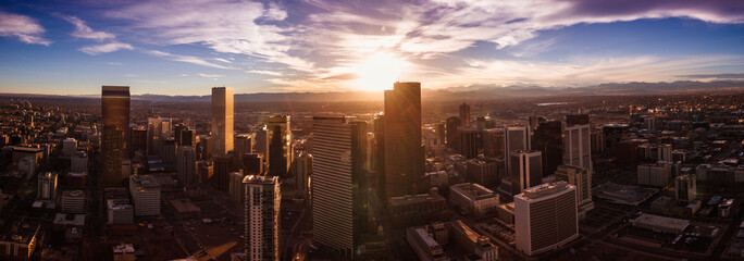 Aerial/Drone photo of the capital city of Denver Colorado at sunset