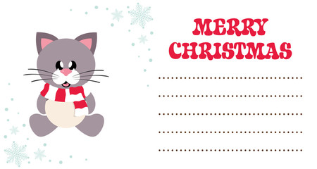 cartoon cute cat with scarf sitting on the christmas card