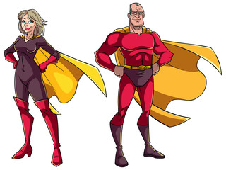 Cartoon illustration of senior superhero couple on white background. © Malchev