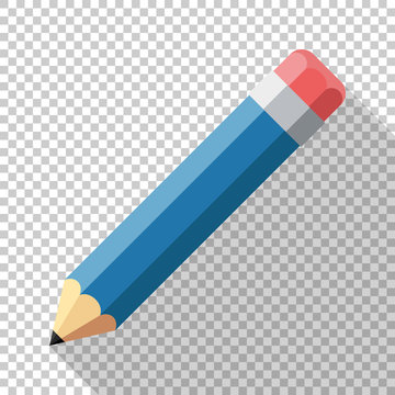 Pencil icon in flat style with long shadow on transparent background