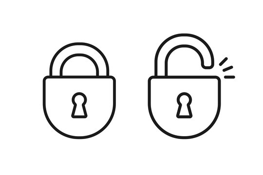 Black isolated outline icon of locked and unlocked lock on white background. Set of Line Icon of padlock.