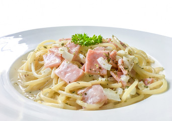 Italian pasta spaghetti carbonara with bacon