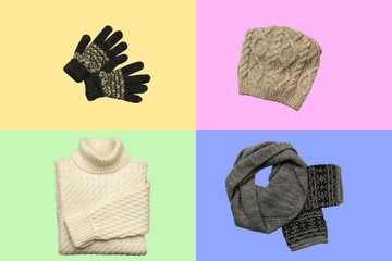 Set of sylish winter clothes on colour background with hat, mittens, sweater, scarf. flat lay, top view