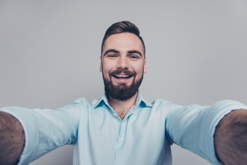 Close up studio photo portrait of glad excited cheerful good moo