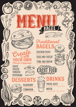 Bagel and sandwich menu for restaurant with frame of graphic vegetables.